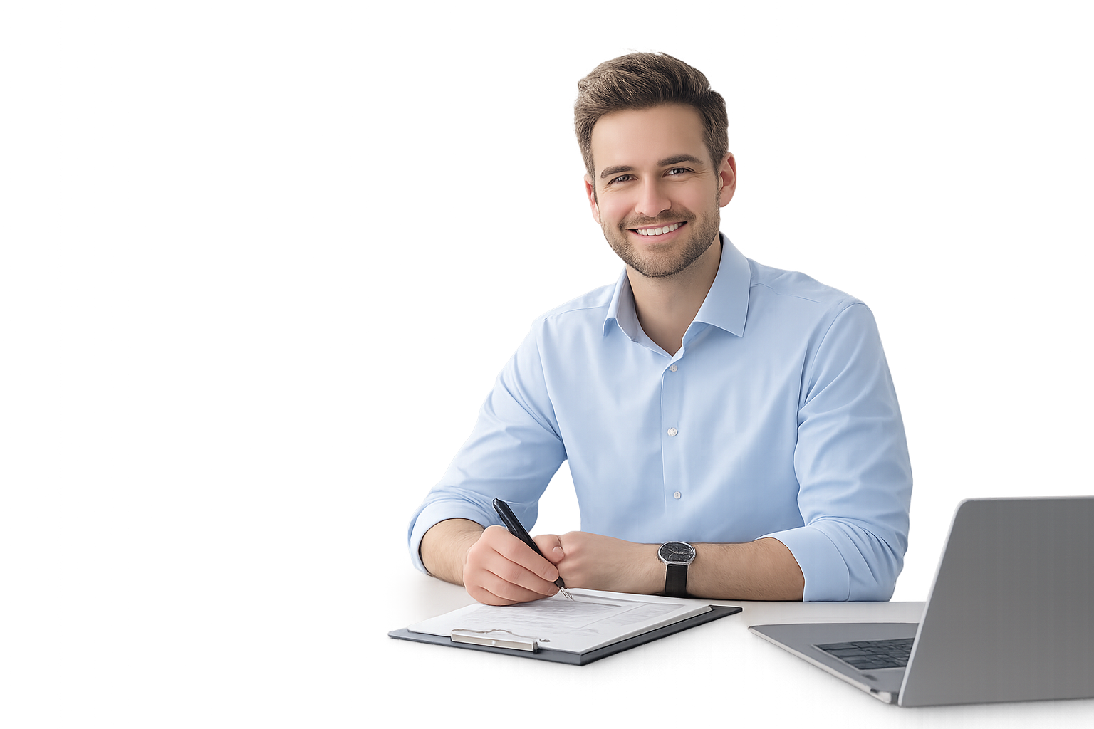 Friendly FinTax Group accountant helping a client at a desk
